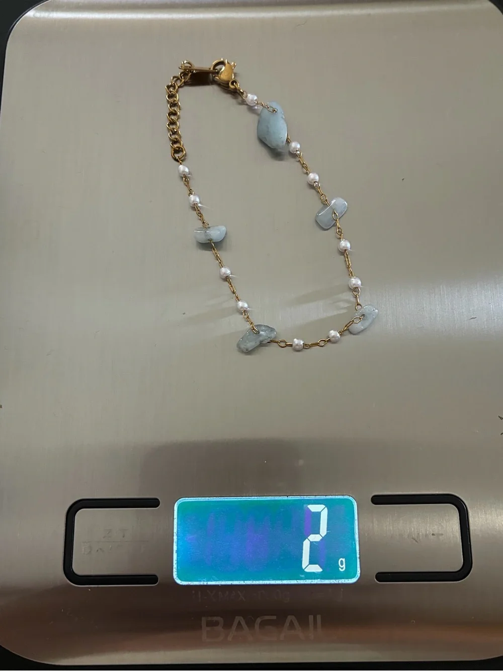 Gold Chain Bracelet with Aquamarine Chips and Pearl Accents
